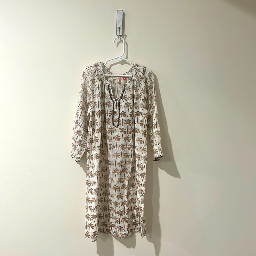 • Pink Chicken • Girls Ava Palm Tree Print Dress Long Sleeves White Brown 12 - Picture 2 of 5